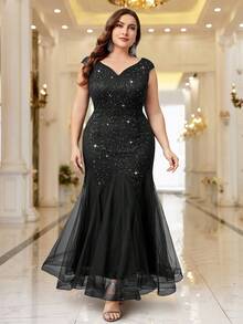 Plus Elegant V-Neck Sequin Lace Sleeveless Mesh Mermaid Hem Formal Party Maxi Dress, Evening Wedding Guest Dress, For Party, Graduation, Homecoming - 黑色 - 查看 3