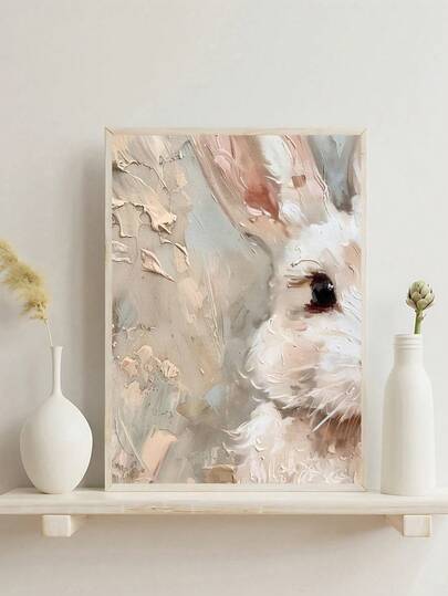 1 Soft-Toned Oil Painting Of A Rabbit; A Vintage-Style Easter Reproduction Featuring A Delicate Pink Springtime White Rabbit; An Artistic Painting Of Pastoral-Style Easter Eggs And Wildflowers; Neutral-Toned Farmhouse-Style Decor; Suitable For Nursery, Bedroom, Living Room, Office And Kitchen Decor; Wall Art, Wall Decoration, Home Decor, Room Decor, Canvas Prints, Posters, Framed Prints; Optional Frames Available