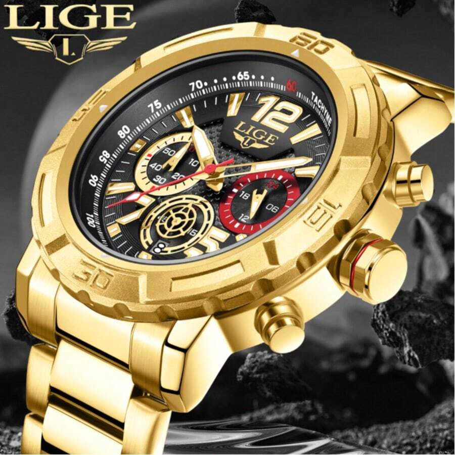 Quartz Watch LIGE Men's Watch Business Stainless Steel Watch Men's Sports Luminous Waterproof Large Dial Watch + Box - Black - View 1