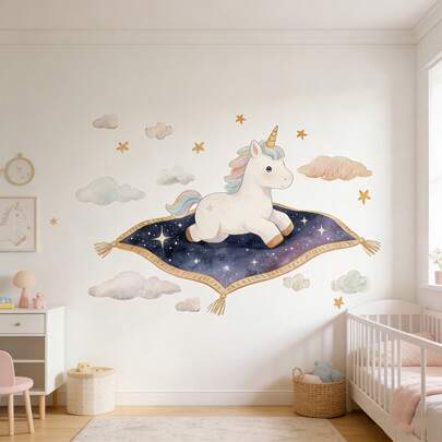 卡通手绘飞毯动物墙贴，适用于儿童房、卧室、幼儿园墙面装饰、客厅背景，是墙面装饰和派对背景装饰的理想之选。