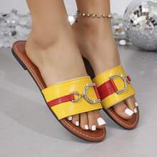 Women's Fashion Summer Sandals, Yellow-Red Color Block/Black-White Color Block, Rhinestone D-Buckle Flat One-Strap Slides, Casual Beach Slippers, Minimalist Versatile Outdoor Flip Flops - Yellow - View 6