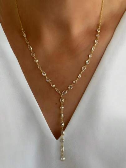 1 pieza Collar en forma de Y para mujer de tono dorado de cobre con incrustaciones de circonita geométrica, minimalista y elegante, adecuado para fiestas, galas, bodas, uso diario y un excelente regalo para amigos y seres queridos en días festivos y aniversarios