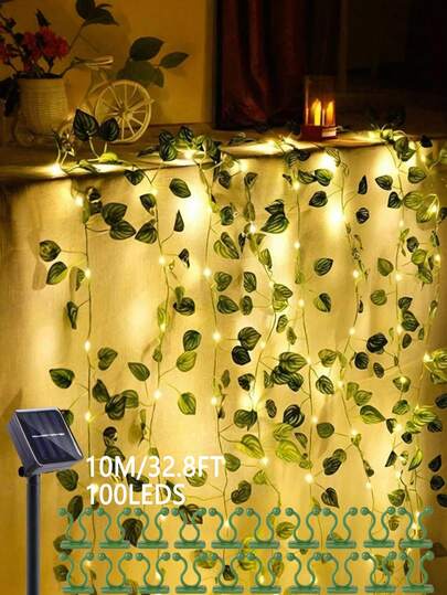 1条100/50/20瓦太阳能铜线仙女灯（带20个绿色常春藤墙壁固定器），LED人造绿色藤蔓和仙女灯装饰 - 仙女灯有8种照明模式，适用于户外花园、墙壁、阳台、栅栏、树木、婚礼、派对、餐厅、桌面装饰。
