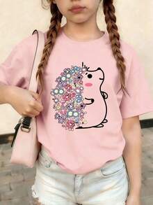 1 pieza Camiseta de manga corta con cuello redondo y estampado de erizo de dibujos animados, casual y de moda, adecuada para niñas jóvenes en primavera, verano y otoño - Rosa - Ver 1