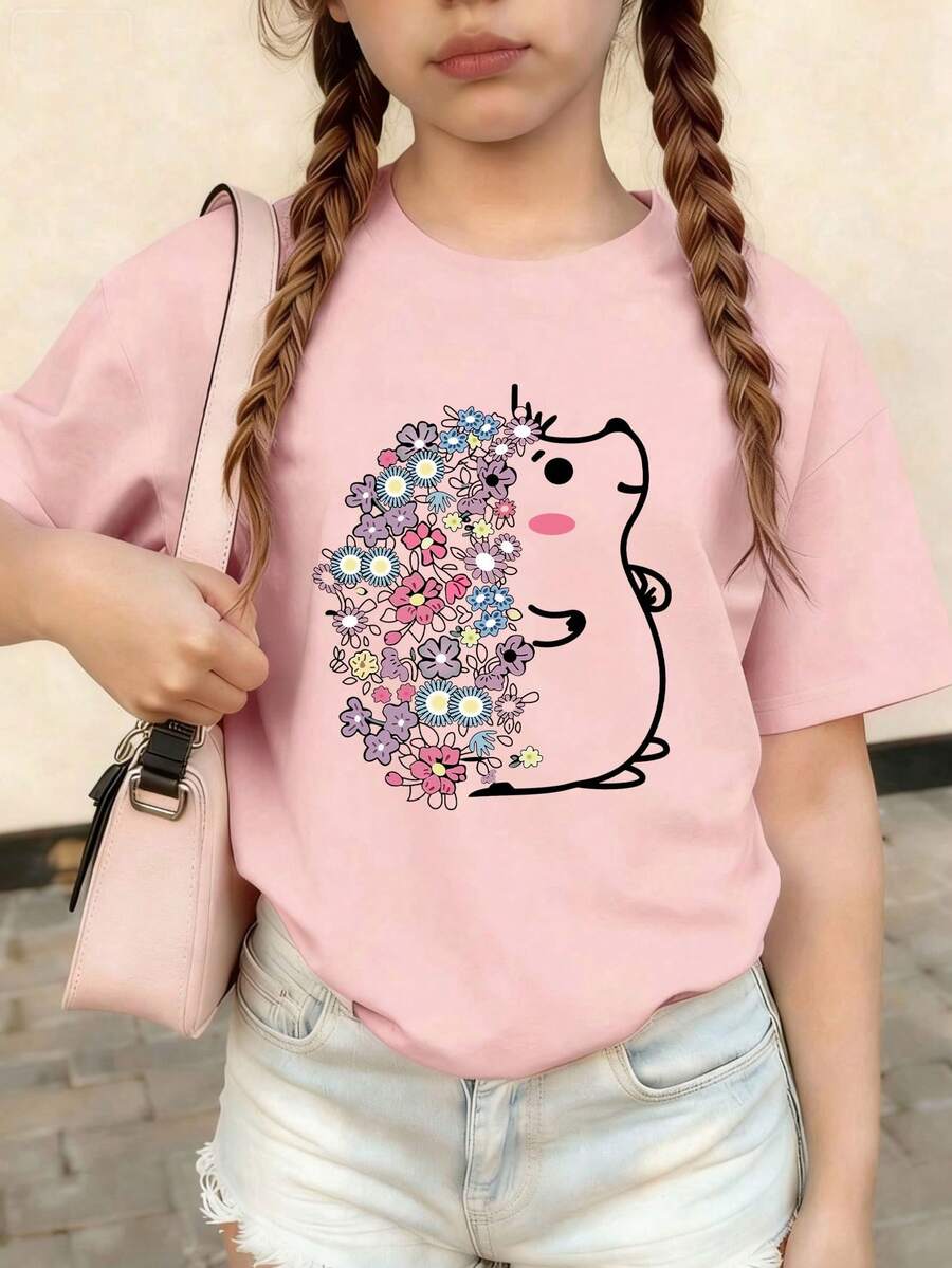 1 pieza Camiseta de manga corta con cuello redondo y estampado de erizo de dibujos animados, casual y de moda, adecuada para niñas jóvenes en primavera, verano y otoño - Rosa - Ver 1