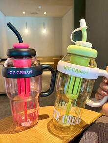 1 pieza Vaso de paja grande de moda, vaso de barriga grande de plástico, vaso con asa de gran capacidad, botella de agua grande - Multicolor - Ver 7