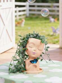 Facial Planter/Pot, Suitable For Indoor And Outdoor Plants, Made Of Resin, Suitable For Succulents, With Drainage Hole, Cute Lady Face Shaped Planter - A - View 3