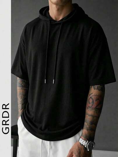 Camiseta con capucha de manga corta de unicolor y cordón ajustable para hombre GRDR, adecuada para ocio, deportes y uso al aire libre