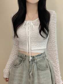 2026春秋新款系带休闲女式纹理长袖纽扣开衫 白色 - 白色 - 查看 1