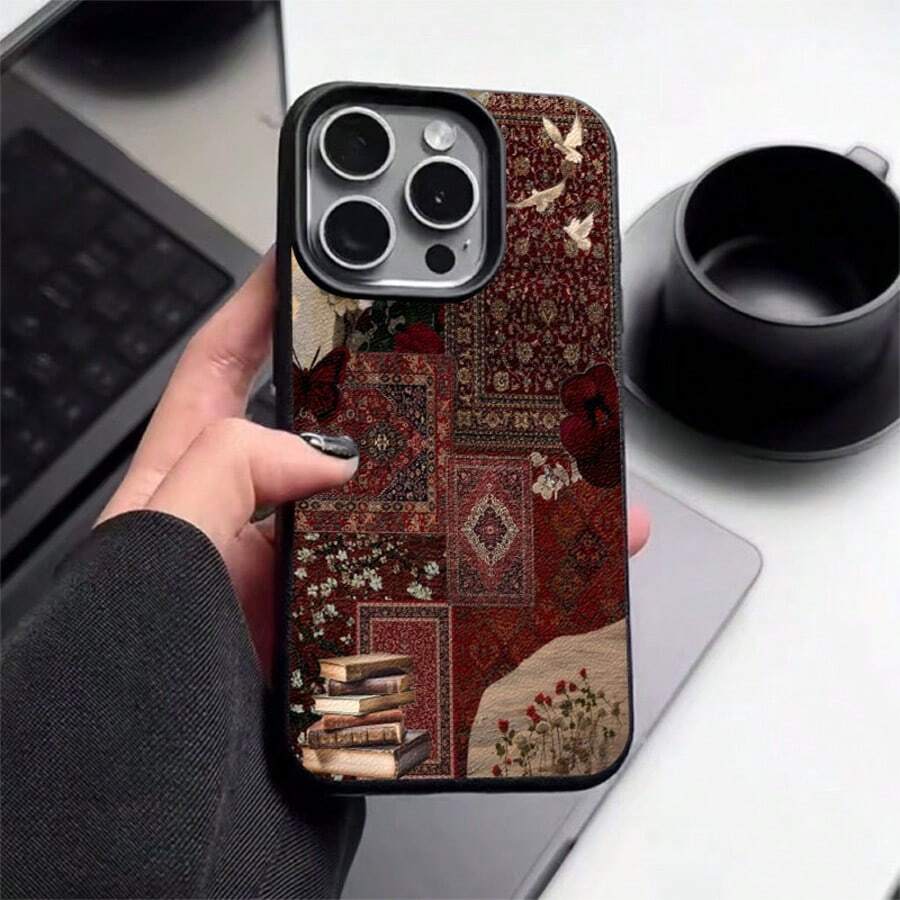 Retro 1pc TPU Material Red Tone Vintage Floral Patchwork Pattern Phone Case Compatible With IPhone 17 Pro Max/17/16 Pro Max/15/13/12/11, S20 FE/A15/S24/A55, Note 11/Note 12/Note 13 Pro, Full Coverage Anti-Drop Soft Protective Phone Cover,International Version, Not The Domestic Version - Black - View 1