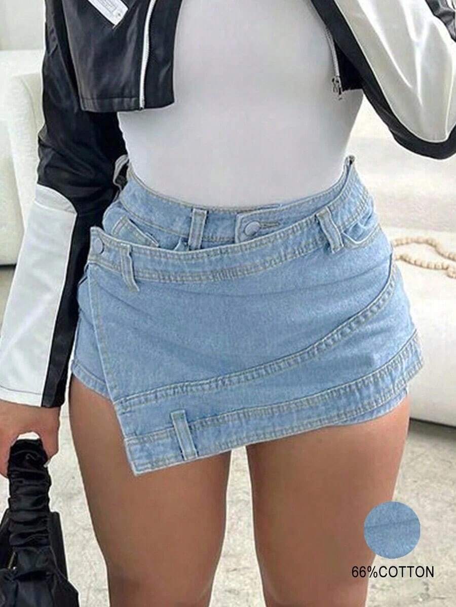 Rave Y2K Vintage Washed Overlapping Waist Asymmetric Hem Stretchy Fitted Cargo Denim Mini Skirt Pants Casual Summer - 棕色炸花 - 查看 1