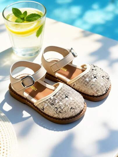 Summer New Style 2026 1 Pair For 3-12 Years Old Girls, Beige Tweed & Sequin, PU Leather Anti-Slip & Wear-Resistant, Hook And Loop Wide Ankle Strap Closed-Toe Round-Toe Flat Sole, Sweet Closed-Toe Sandals, For Daily Casual School & Parties Best Seller Of The Season