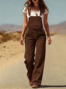 Women's Western Vintage Washed Loose Adjustable Shoulder Strap Denim Overall Workwear Pants, Washed Denim Fabric, College Style, Fashionable And Elegant Outfit, Suitable For Back-To-School, Teachers, Outings, And Travel Wear - 棕色 - 查看 2