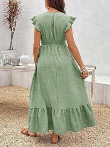 Maternity Casual Shirred Cap Sleeve Shirred Waist Ruffle Hem Dress - 綠色 - 查看 3