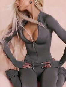 New Fashionable Personalized Street Style Commuter Tight Zip-Up Long Sleeve Jumpsuit Black Spring - Grey - View 3