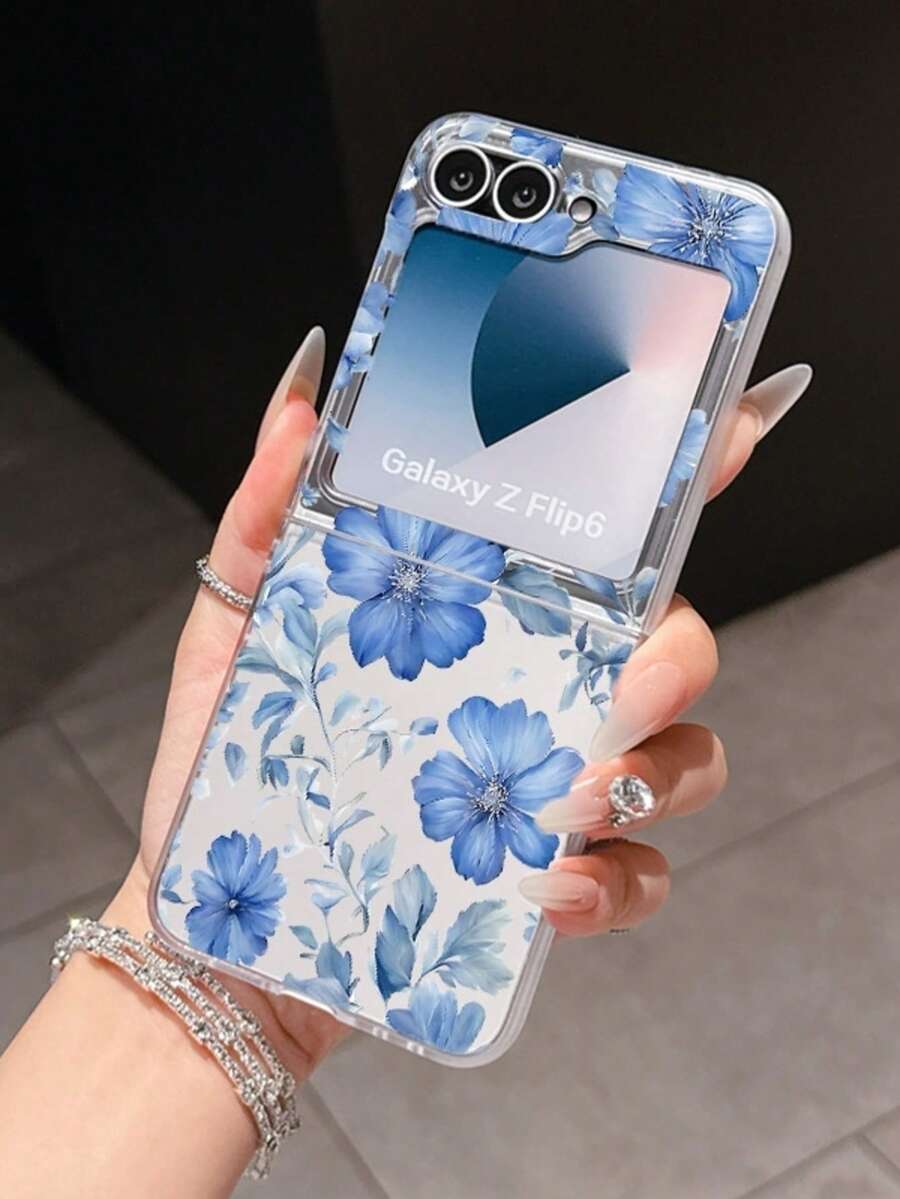 1pc Fashion Simple Matte PC Material Simple And Cute Blue Flower Element Folding Phone Case, Can Protect And Prevent Falling For: SamsungGalaxy Zflip 3/Zflip 4/Zflip 5/Zflip 6/Zflip 7/ Find N3 Flip/ Razr 50 Ultra/ Razr 60 Ultra/ 60/ Lola Razr 50/XiaomiMIX Flip/Galaxy Z Flip7 FE - Transparent Blue - View 1