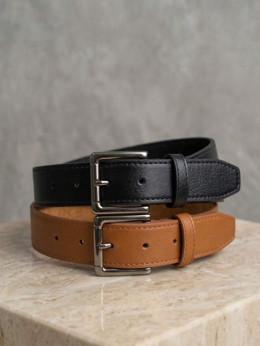 Women's Set Of Belts With Metallic Roller Buckle In Minimalist Faux Leather - 黑色和焦糖色 - View 1