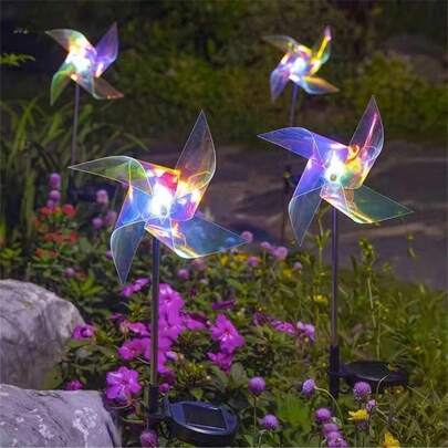 1 قطعة/2 قطعة ضوء عمود شمسي ملون على شكل طاحونة هواء، إضاءة ديكور خارجية مقاومة للماء للحديقة والفناء