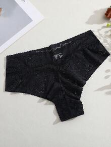 奢华花卉蕾丝内裤，柔软亲肤女士巴西式三角裤 - 黑色 - 查看 5