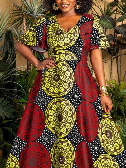 Faeriesty Elegant Plus Size Mini V-Neck Midi Dress: Polka Dot Print Short Sleeve A-Line Dress, Lightweight Fabric - Perfect For Garden Weddings, Outdoor Bridal Photoshoots, Romantic Travel Portraits, Destination Ceremonies, Bohemian Fashion Editorials Black Summer