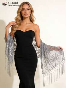 Silver Sequin Embroidered Tassel Shawl, Sheer Mesh Scarf For Evening Gown, Luxury Silver Thread Starry Mesh Shawl, Atmospheric Party Outerwear, Retro Glittering Silver Geometric Tassel Scarf, Bridal Gown Bridesmaid Shawl - Grey - View 4