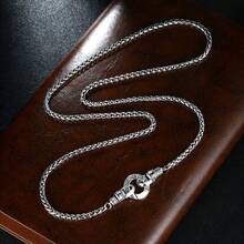 1pc Round Universal Buckle Six-Word Mantra Necklace, Vintage Tang Grass Pattern Versatile Dragon Bone Chain, Hypoallergenic Gift For Teenagers - Antique Silver - View 2