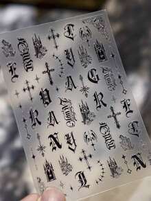 1 Sheet Black & White Gothic Nail Art Stickers - New Arrival - Fashionable Rebellious - Exquisite Letter, Cross, And Star Patterns, Suitable For DIY Personalized Nails, Ideal Choice For Gothic Nail Art Enthusiasts - Đen 2 - Xem 6
