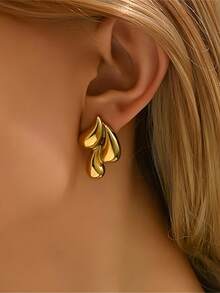 一对不锈钢金色水滴耳环，时尚不对称三水滴耳环，简约奢华百搭耳环，适合女性日常佩戴 - 金色 - 查看 3