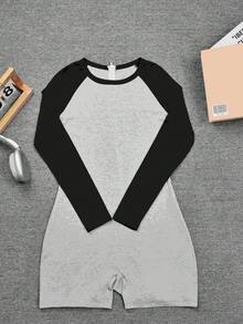 街头风高弹撞色圆领长袖拉链短款瑜伽连体裤，女士休闲户外舒适夏季运动紧身裤 - 灰色 - 查看 5