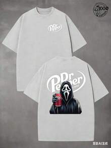Break The SystemGhost Cute Halloween T-Shirt, Horror Ghost Face Pattern,  Men's And Women's T-Shirts, 230G Washed Cotton High Quality Cotton Double-Side Print T-Shirt, Suitable For Street Retro And Outdoor Sports And Leisure, Halloween Costumes, Holiday Parties, Perfect Gift.Round Neck Loose Fit T-Shirt - Xám 1 - Xem 6