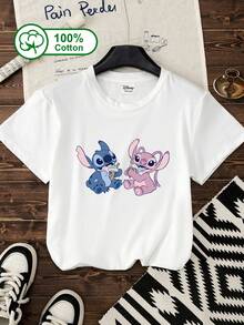 Disney 女款 100% 純棉 T-Shirt，史迪仔與安琪吃冰淇淋文字雙面印花休閒白色夏季款 - 白色 - 查看 2