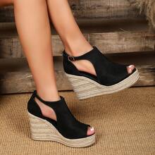 Velvet Fashion Peep-Toe Buckle Heel Rope Wedge Closed Toe Women Shoes - Black - View 13