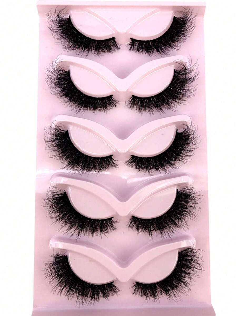 5 Pairs Cat Eye 3D Faux Mink Lashes, Natural Curly & Fluffy False Eyelashes - Black - View 1