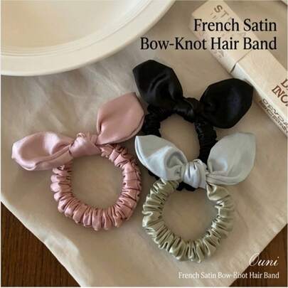 1pc French Satin Bow Bunny Ear Headband, High Elasticity, Faux Silk Pleated Hair Scrunchie, Elastic Hair Accessory