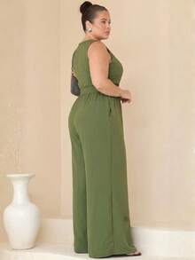 Women's Plus Size Jumpsuit Tailored Pantaloons Elegant Belt - 軍綠色 - 查看 2