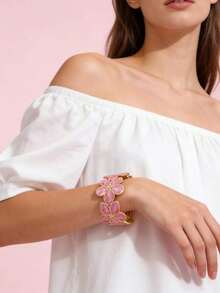 1pc Romantic Colorful Enamel Flower Shaped Stainless Steel Bangle Bracelet, Suitable For Women To Wear At Weddings Or Travels, Also As Valentine's Day Gift For Loved Ones - Nhiều màu - Xem 3