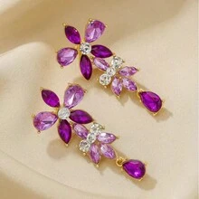 1 Pair Fashion Geometric Color Diamond Long Palace Style Personalized Retro Floral Drop Earrings Earrings Women Exaggerated Accessories Gift - Purple - View 3