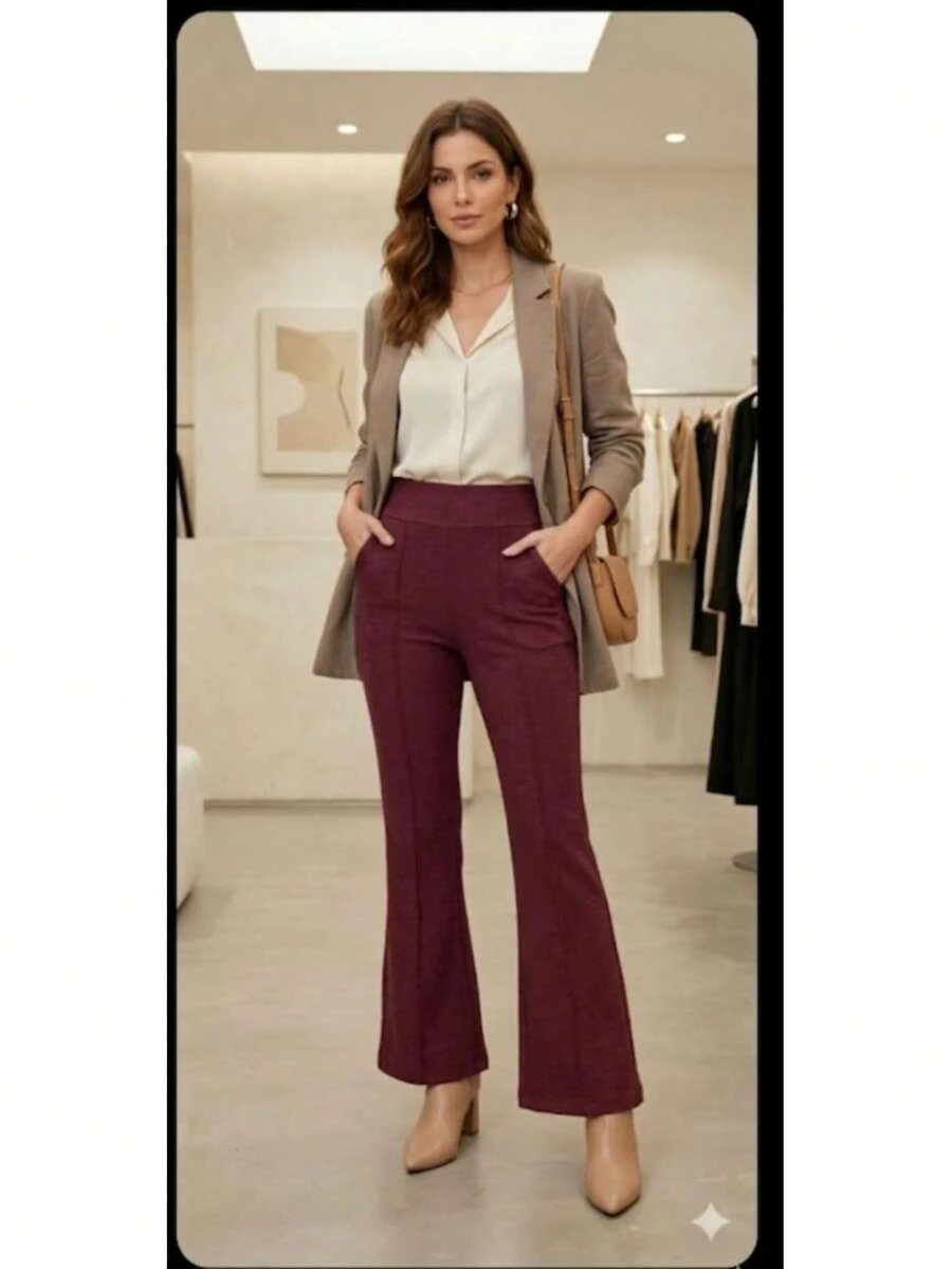 Women's Flared Pants With Side Pockets, Wide Waistband, Fabric With Plenty Of Elastane And Super Comfortable, Ideal For Various Occasions. - 酒紅色 - 查看 1