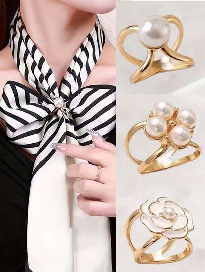 3件套女士时尚休闲简约波西米亚风金色仿珍珠真丝围巾组合扣角结环多功能围巾固定扣