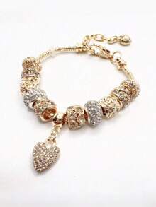 Fashionable Shiny Gold-Tone Alloy Heart Pendant Bracelet, Women's Jewelry Gift, Suitable For Summer - Gold - View 3