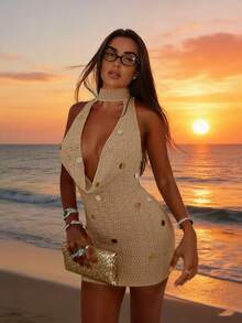 Women's New Y2K Sexy Backless Deep V-Neck Bodycon Dress, Lightweight Knit Cover Up Skirt Set, Glitter Embellished, Suitable For Music Festivals, Beach Vacations, Pool Parties, Graduations, Outings, Dates - Brown - View 5