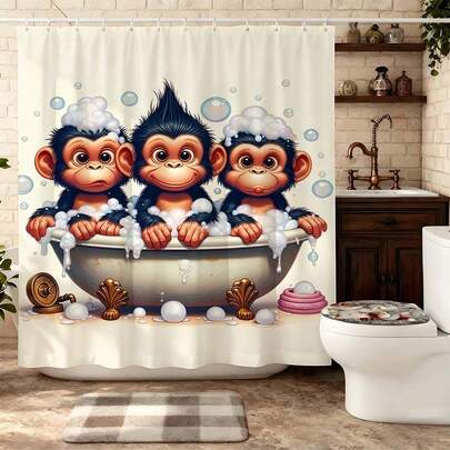 Funny Bubble Monkeys Shower Curtain, Vintage Bathtub Bathroom Decor, Waterproof Cartoon Monkey Bath Curtain With Hooks, Whimsical Primate Shower Curtain For Bathtub & Shower Stall, Playful Bathroom Accessories, Washable Retro Monkey Print Bathroom Curtain, Cute Bath Time Animal Bath Decor