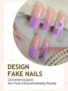 24pcs Purple French Manicure Nail Stickers, Rectangular, Nude Color, With 3D Floral And Wave Line Art Design, Leopard Print Decor, Minimalist Style, Smooth Surface, Full Coverage Fake Nails, Suitable For Women And Girls Daily Wear - Multicolor - View 3
