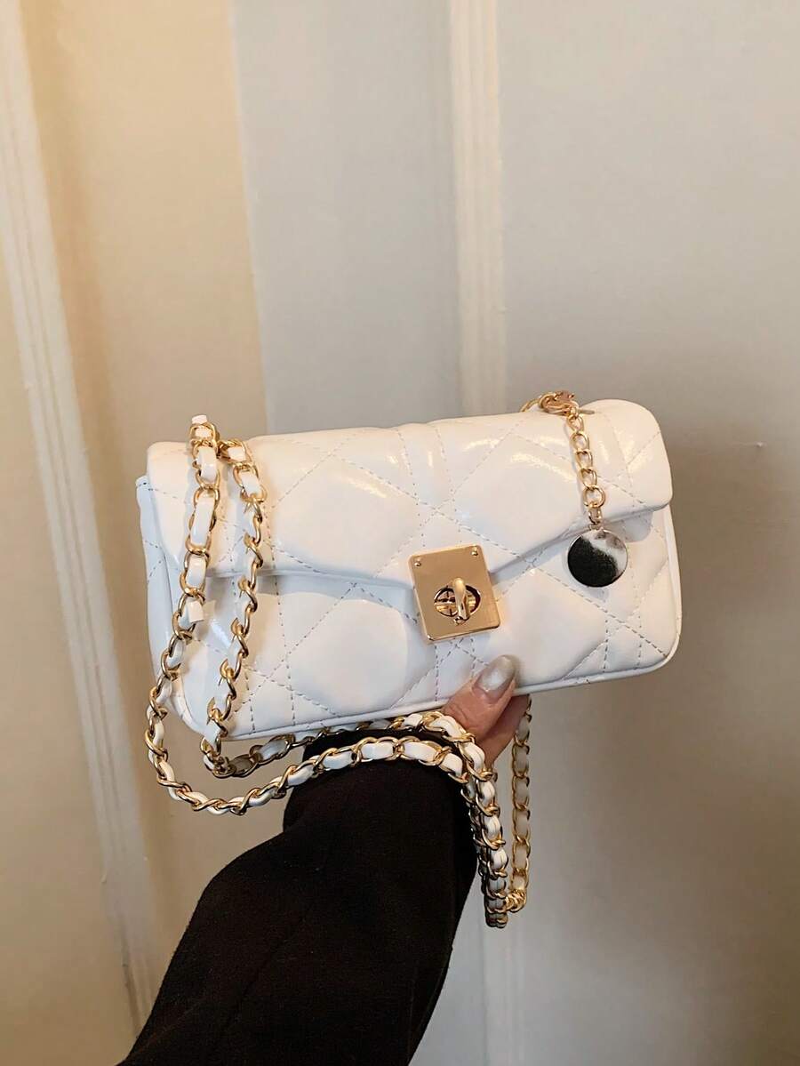 New Fashion Women's Quilted Woven Metal Chain Small Square Bag, Metal Clasp Closure, Minimalist Commuter Versatile Shoulder & Crossbody Bag - Multicolor - View 1