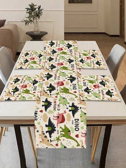 1 pieza Camino de mesa con estampado de dinosaurio de dibujos animados, 4 piezas Manteles individuales con estampado de dibujos animados, adecuado para vacaciones, fiestas, cumpleaños, cenas, decoración de cocina y mesa de comedor, aplicable para todas las estaciones, decoración del hogar