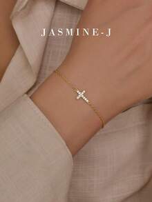 1pc S925 Sterling Silver Zirconia Cross Chain Bracelet,Golden Zirconia Bracelet,Women's Bracelet,Cross Bracelet,Minimalist Design, Versatile And Stackable,Suitable For Everyday Wear - Multicolor - View 12
