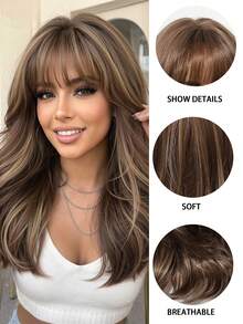 18-Inch Long Wavy Brown Wig With Blonde Highlights, Heat Resistant Synthetic Fiber Wig, Natural Daily Cosplay Party Wig For Women - Brown - View 7