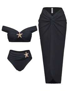2026 New European And American Starfish Print Two-Piece Swimsuit With Long Skirt Three-Piece Bikini Set - Xanh đậm - Xem 8