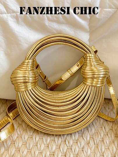 Handmade Woven Twisted & Knotted Dumpling Cloud Shape Women Handbag Shoulder Bag, Fashion Round Woven Handle Bag With Metallic Gold Decor, Handmade Woven Noodle Shape Women Handbag Shoulder Crossbody Bag, Creative Tote Bag, Gold, Bags Ladies Elegant