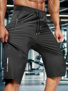 Men's Summer Casual Sports Shorts, High Elasticity Fabric With Zipper Pockets, Drawstring Waist, Quick-Dry Material, Suitable For Running And Daily Wear Black - Black - View 1